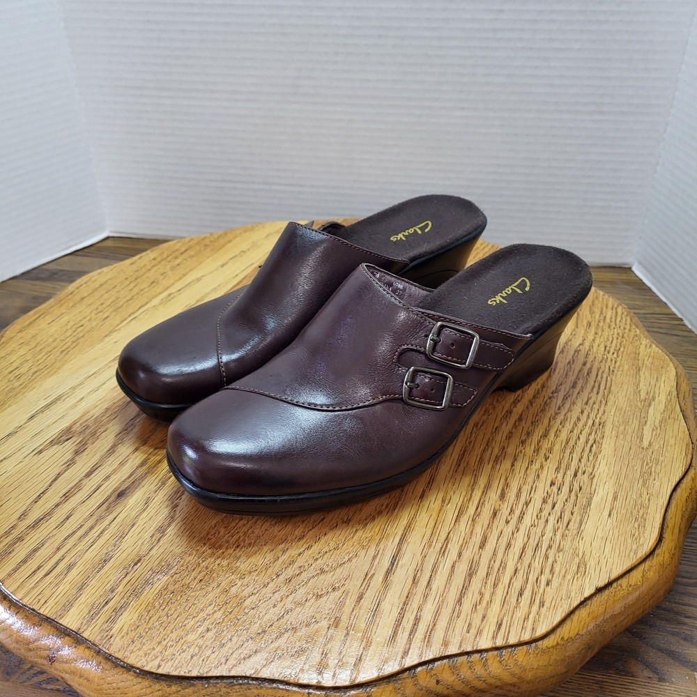 Clarks Brown Leather Slip On Mule Clogs Shoes Double Buckle Wedge Heel Women's 7